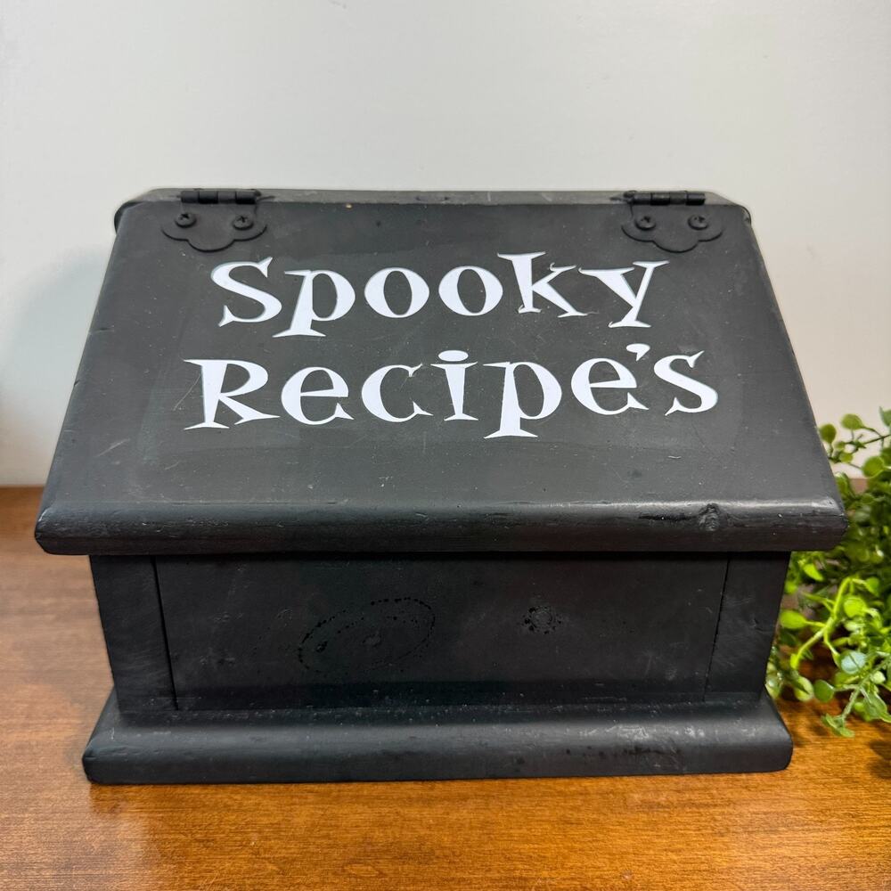 Spooky Halloween Black Wood Recipe Box Countertop Slant Top Cards 9 x 5.25 x 6.5